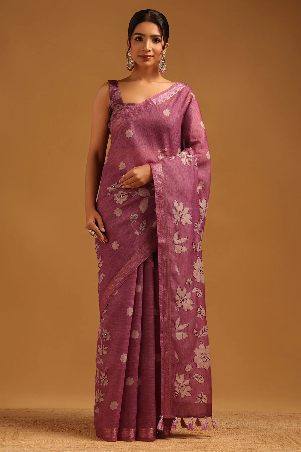 Lavender Poly Silk Floral Embroidered Saree